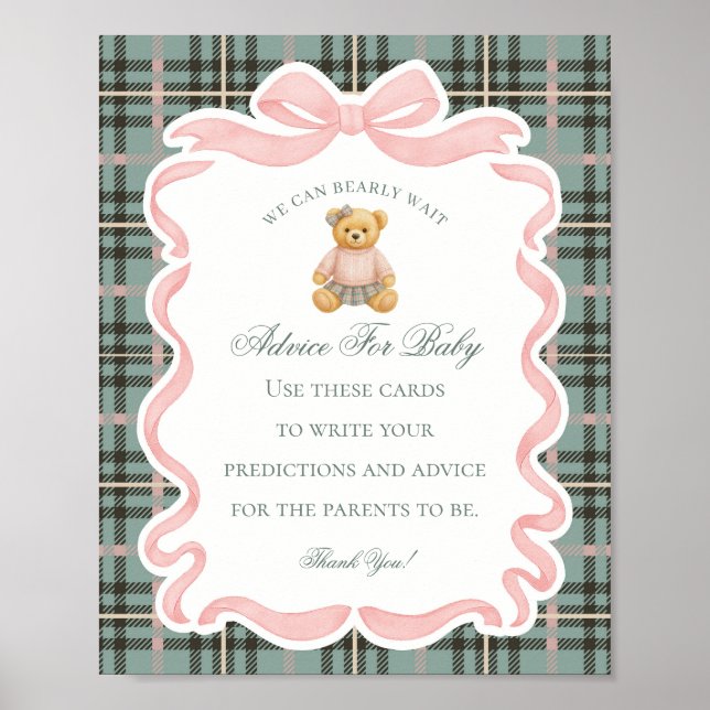 Rosa Coquette Bow Bear Förlossningsråd för Bebis Poster (Framsidan)