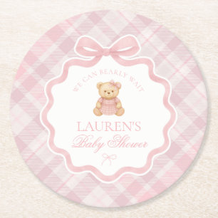 Rosa Coquette Bow Bear Plaid Baby Shower  Underlägg Papper Rund