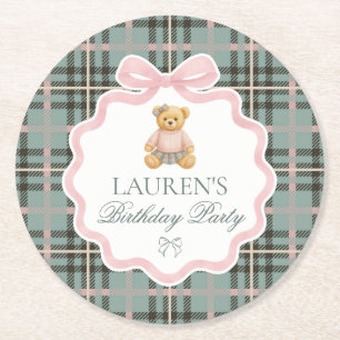 Rosa Coquette Bow Bear Plaid Födelsedag  Underlägg Papper Rund