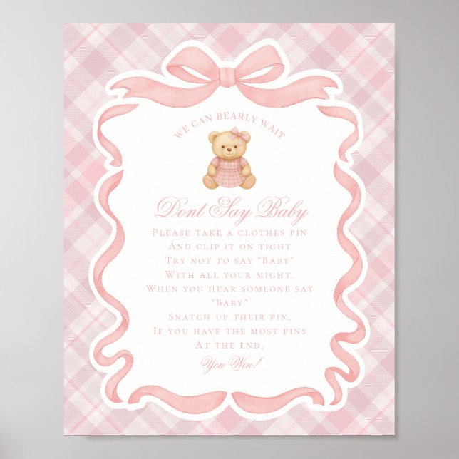 Rosa Coquette Bow Bear Rutarväv Säga Inte Baby Lek Poster (Framsidan)