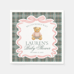 Rosa Coquette Bow Bear Rutat Ränder Baby Shower Pappersservett