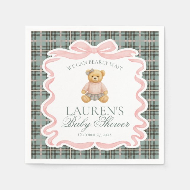 Rosa Coquette Bow Bear Rutat Ränder Baby Shower Pappersservett (Framsidan)