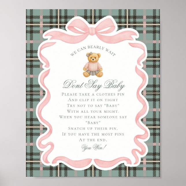 Rosa Coquette Bow Bear Rutmönster Säga Inte Baby L Poster (Framsidan)