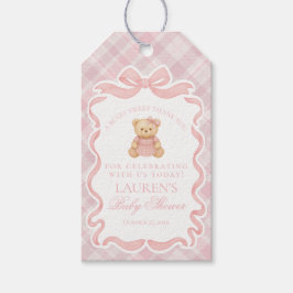 Rosa Coquette Bow Bear Tartan Baby Shower Favors Presentetikett