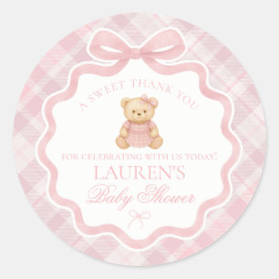 Rosa Coquette Bow Bear Tartan Baby Shower Present Runt Klistermärke