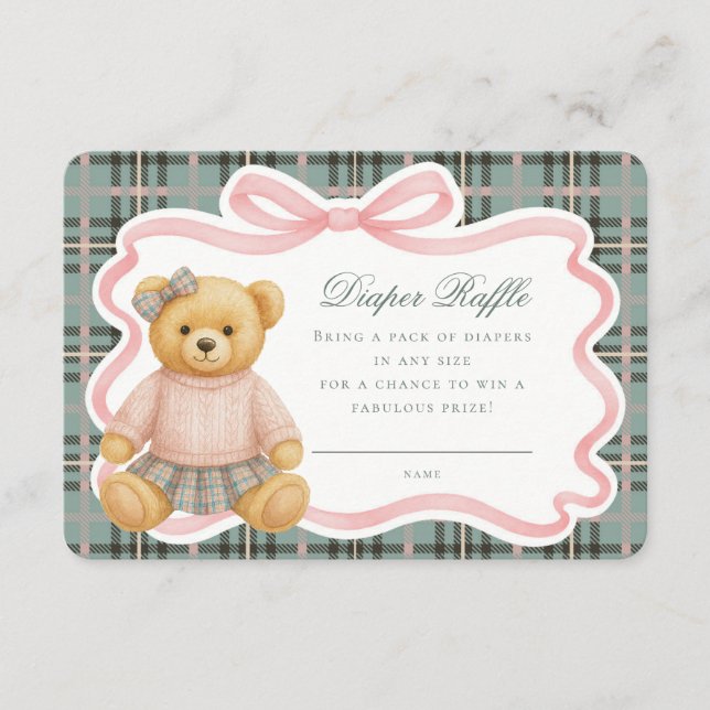 Rosa Coquette Bow Bear Tartan Blöja Lotteri Kort (Framsida)