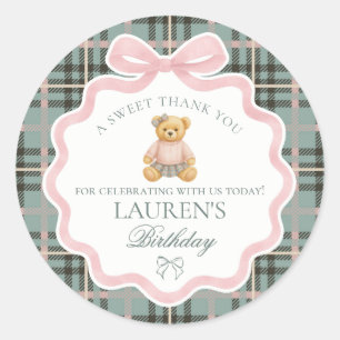 Rosa Coquette Bow Bear Tartan Födelsedagspresent Runt Klistermärke