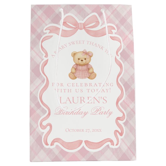 Rosa Coquette Bow Bear Tartan Födelsedagspresenter (Framsidan)