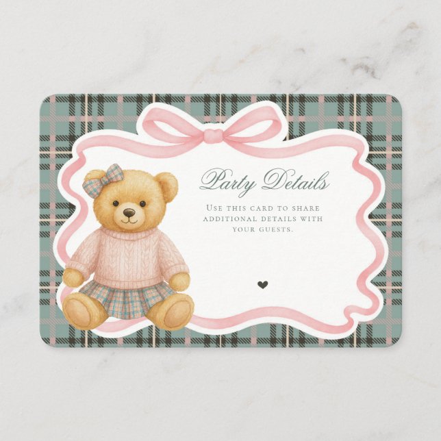 Rosa Coquette Bow Bear Tartan Rutat Detaljer Kort (Framsida)