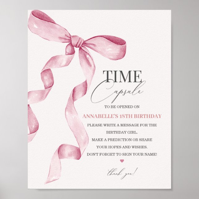 Rosa Coquette Bow Birthday Time Capsule Party Sign Poster (Framsidan)
