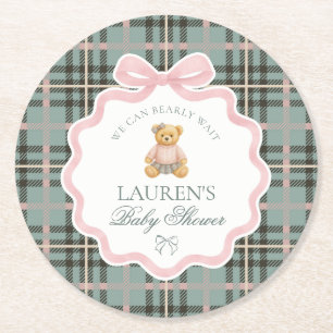 Rosa Coquette Bow Björn Rutig Baby Shower Underlägg Papper Rund