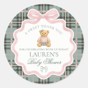Rosa Coquette Bow Björn Tartan Baby Shower Present Runt Klistermärke