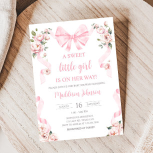 Rosa Coquette Bow Blommigt Baby Shower Inbjudningar