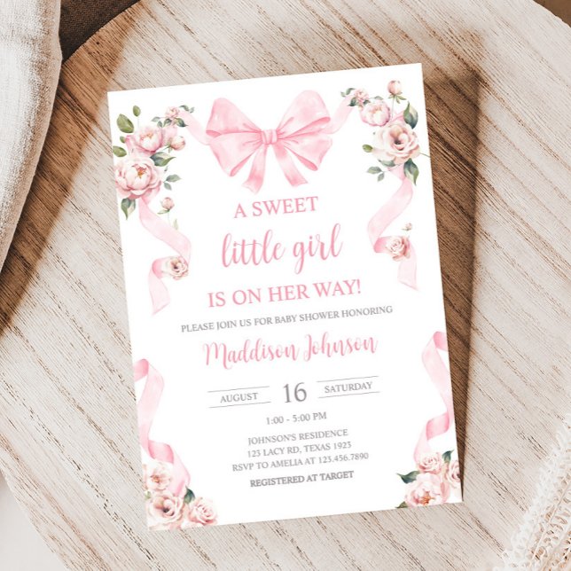 Rosa Coquette Bow Blommigt Baby Shower Inbjudningar (Pink Coquette Floral Sweet Little Girl Baby Shower Invitation)