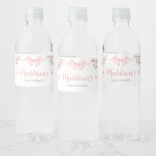 Rosa Coquette Bow Blommigt Baby Shower Vattenflaskor Etikett