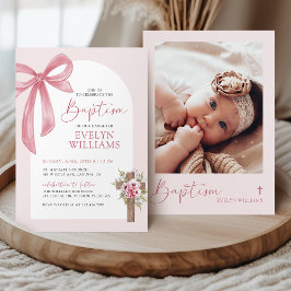 Rosa Coquette Bow Blommigt Kor Girl Baptism Photo Inbjudningar