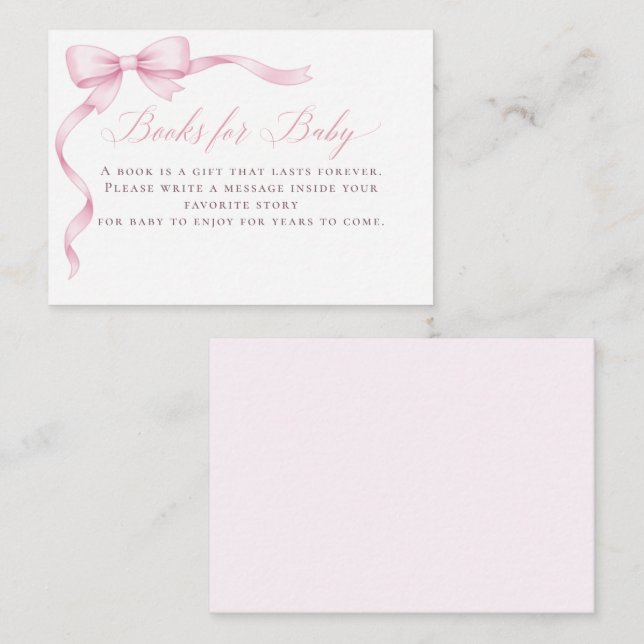 Rosa Coquette Bow Böcker för Baby Shower Tilläggskort (Fram/baksida)