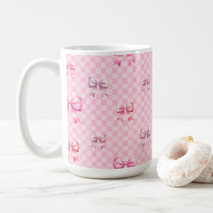 Rosa Coquette Bow Checkerboard Kaffemugg