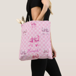 Rosa Coquette Bow Checkerboard Tygkasse
