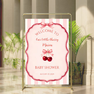 Rosa Coquette Bow Cherry Baby Shower Välkomstskylt Poster