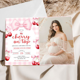 Rosa Coquette Bow Cherry On Top Baby Shower Foto Inbjudningar