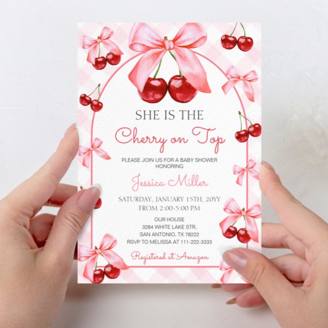Rosa Coquette Bow Cherry på Top Baby Shower Inbjudningar (Skapare uppladdad)
