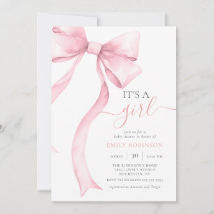 Rosa Coquette Bow Det är en flicka Baby Shower Gin Inbjudningar
