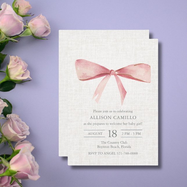 Rosa Coquette Bow Fals Linne Elegant Baby Shower  Inbjudningar (Pink Coquette Bow Faux Linen Elegant Baby Shower Invitation)