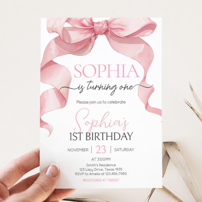 Rosa Coquette Bow-Födelsedagsfest Inbjudningar (Pink Bow Birthday Party Invitation)
