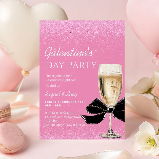 Rosa Coquette Bow Galentine's Day-fest Inbjudningar (Black coquette bow Galentine's Day Party Invitation)