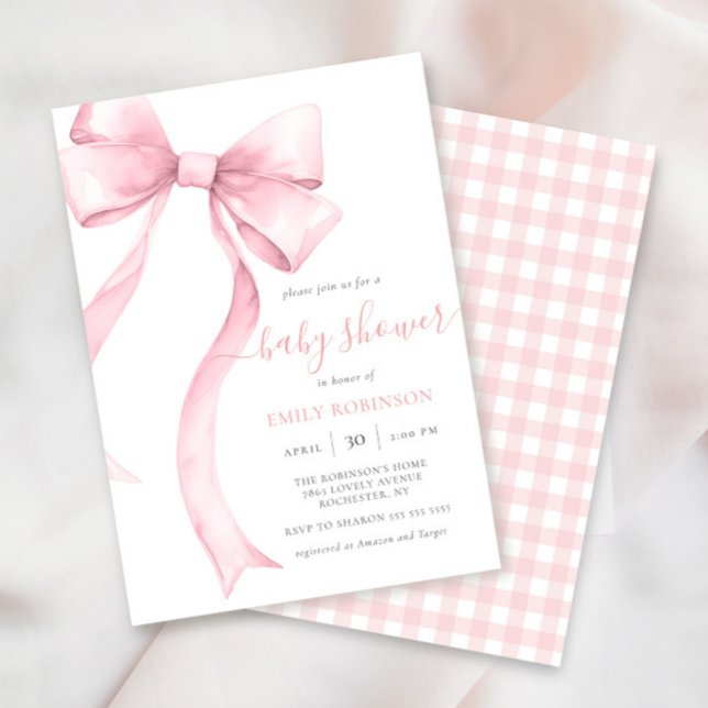 Rosa Coquette Bow Gingham Girl Baby Shower Inbjudningar (Skapare uppladdad)