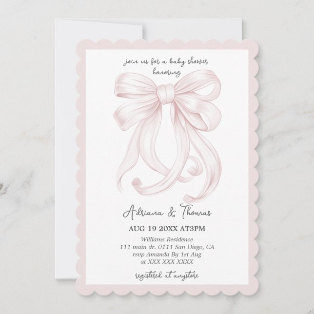 Rosa Coquette Bow Girl Baby Shower Inbjudningar (Framsida)