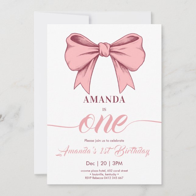 Rosa Coquette Bow Girl Birthday Inbjudningar (Framsida)