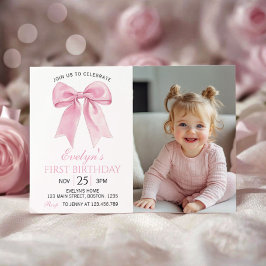 Rosa Coquette Bow Girl Birthday Photo Inbjudan