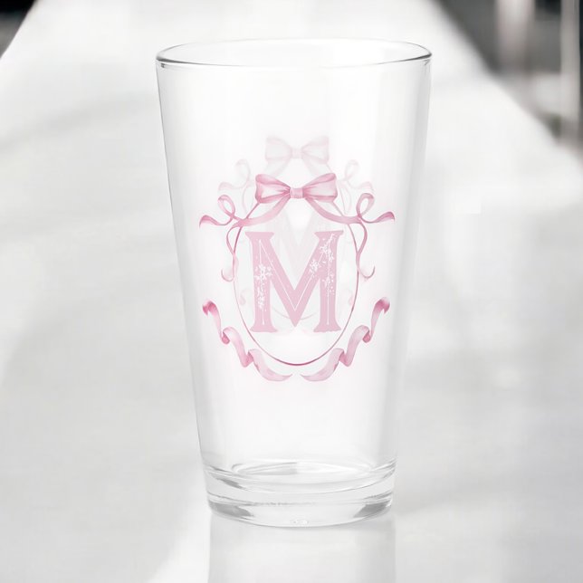 Rosa Coquette Bow Monogram Anpassningsbar Pint Pub Glaskopp (Skapare uppladdad)