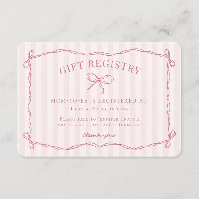 Rosa Coquette Bow Pastel Baby Shower Registry Tilläggskort (Framsida)