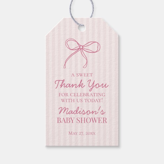 Rosa Coquette Bow Pastel Stripe Baby Shower-favori Presentetikett (Framsidan)