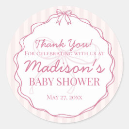 Rosa Coquette Bow Pastel Stripe Baby Shower-favori Runt Klistermärke