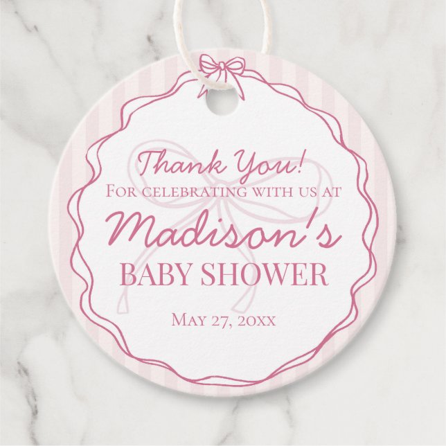 Rosa Coquette Bow Pastel Stripe Baby Shower Gåvor Etiketter (Framsida)