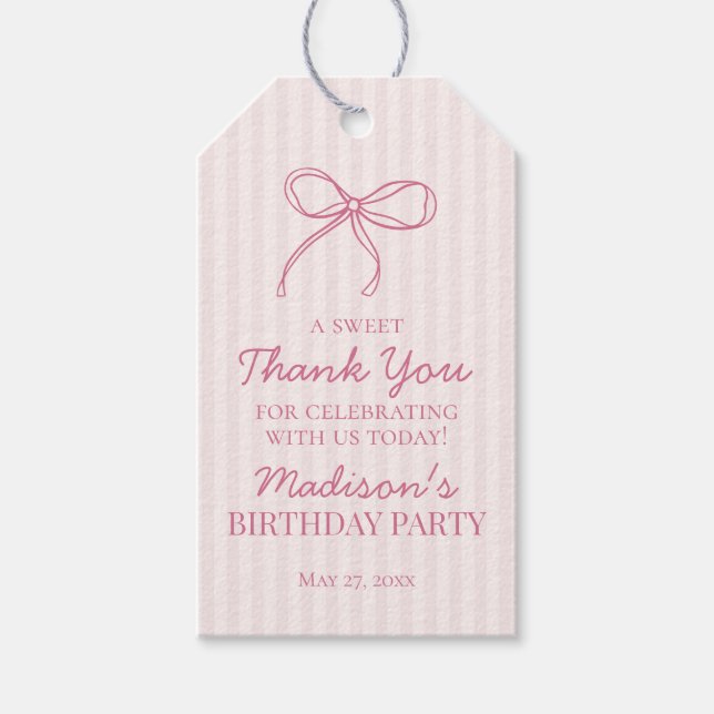 Rosa Coquette Bow Pastel Stripe Birthday Favor Presentetikett (Framsidan)