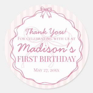Rosa Coquette Bow Pastel Stripe Birthday Favor Runt Klistermärke