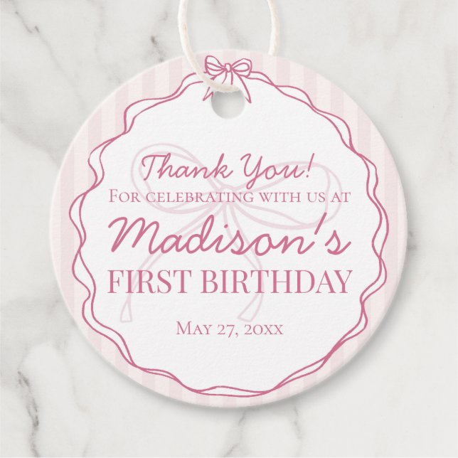 Rosa Coquette Bow Pastel Stripe Birthday Gåvor Etiketter (Framsida)