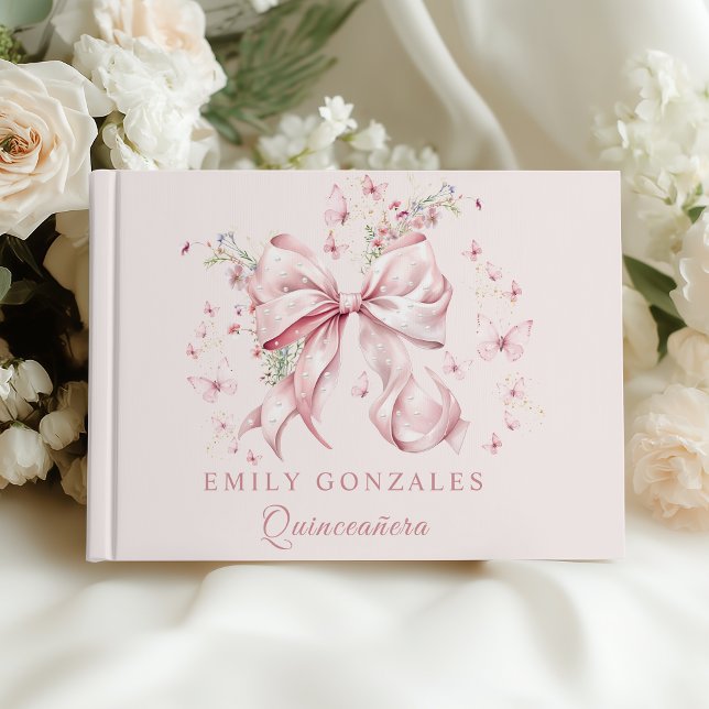 Rosa Coquette Bow Pearls Quinceañera Birthday Gästböcker (Pink Bow Pearls quinceañera guest book)