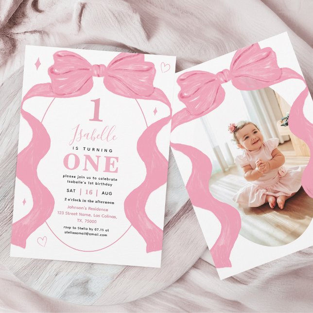 Rosa Coquette Bow & Photo Ribbon 1st Girl Birthday Inbjudningar (Skapare uppladdad)