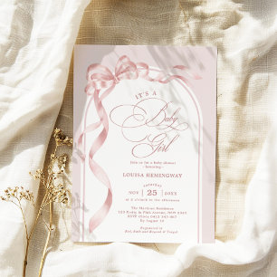 Rosa Coquette Bow Ribbon Girl Baby Shower Inbjudningar