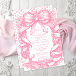 Rosa Coquette Bow Ribbon Toile de Jouy Baby Shower Inbjudningar