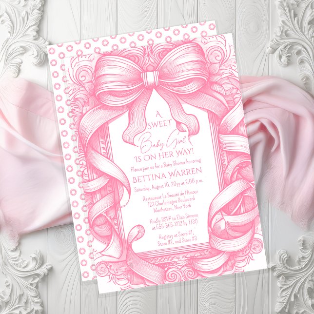 Rosa Coquette Bow Ribbon Toile de Jouy Baby Shower Inbjudningar (Pink Coquette Bow and Ribbons Toile de Jouy Girl Baby Shower Invitation - Print | Digital Download)