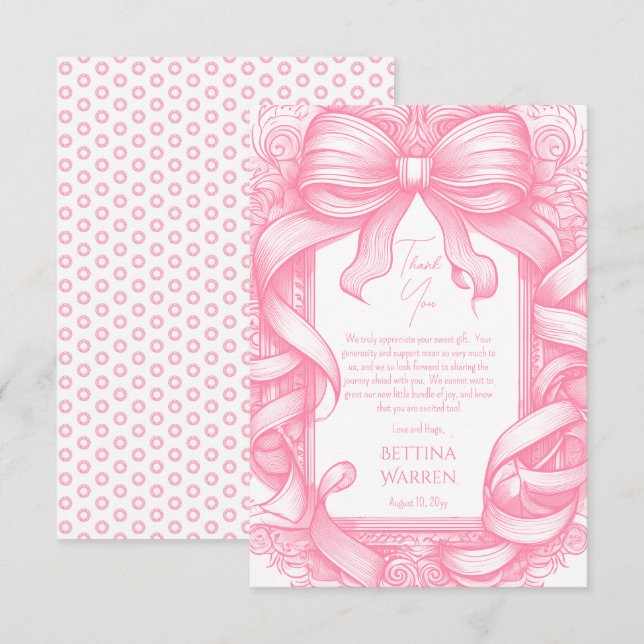 Rosa Coquette Bow Ribbon Toile de Jouy Baby Shower Tack Kort (Fram/baksida)