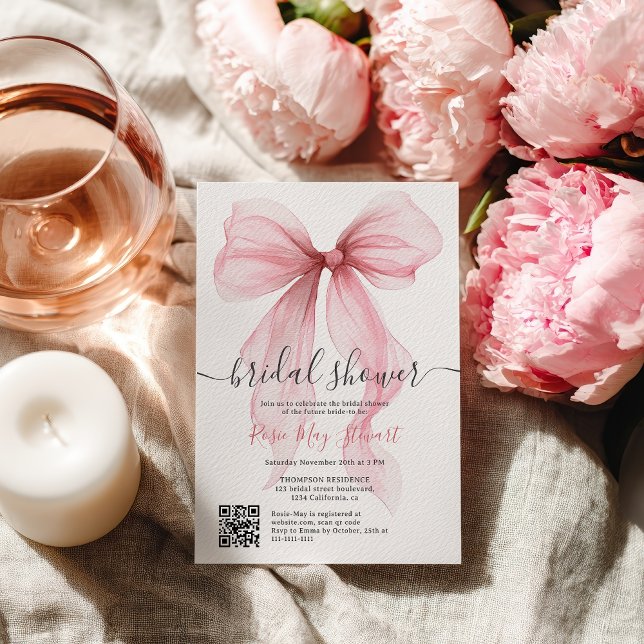 Rosa Coquette Bow Romantic Qr-Möhippa Inbjudningar (Pink Coquette Bow Romantic Qr code Bridal Shower Invitation)