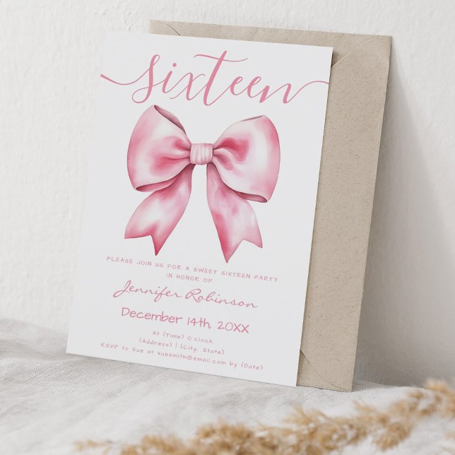 Rosa Coquette  Bow Sweet 16 Birthday Inbjudningar (Pink Coquette Blush Bow Sweet 16 Birthday Invitation)